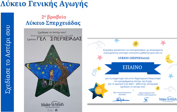 ΓΕΝΙΚΟ ΛΥΚΕΙΟ ΣΠΕΡΧΕΙΑΔΑΣ. ΔΙΑΚΡΙΣΗ ΣΤΟΝ ΔΙΑΓΩΝΙΣΜΟ ΤΟΥ MAKE A WISH «ΑΣΤΕΡΙ ΤΗΣ ΕΥΧΗΣ»